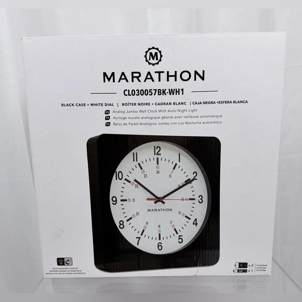 Marathon Analog Jumbo Black & White Wall Clock Silent Quartz Movement New in Box